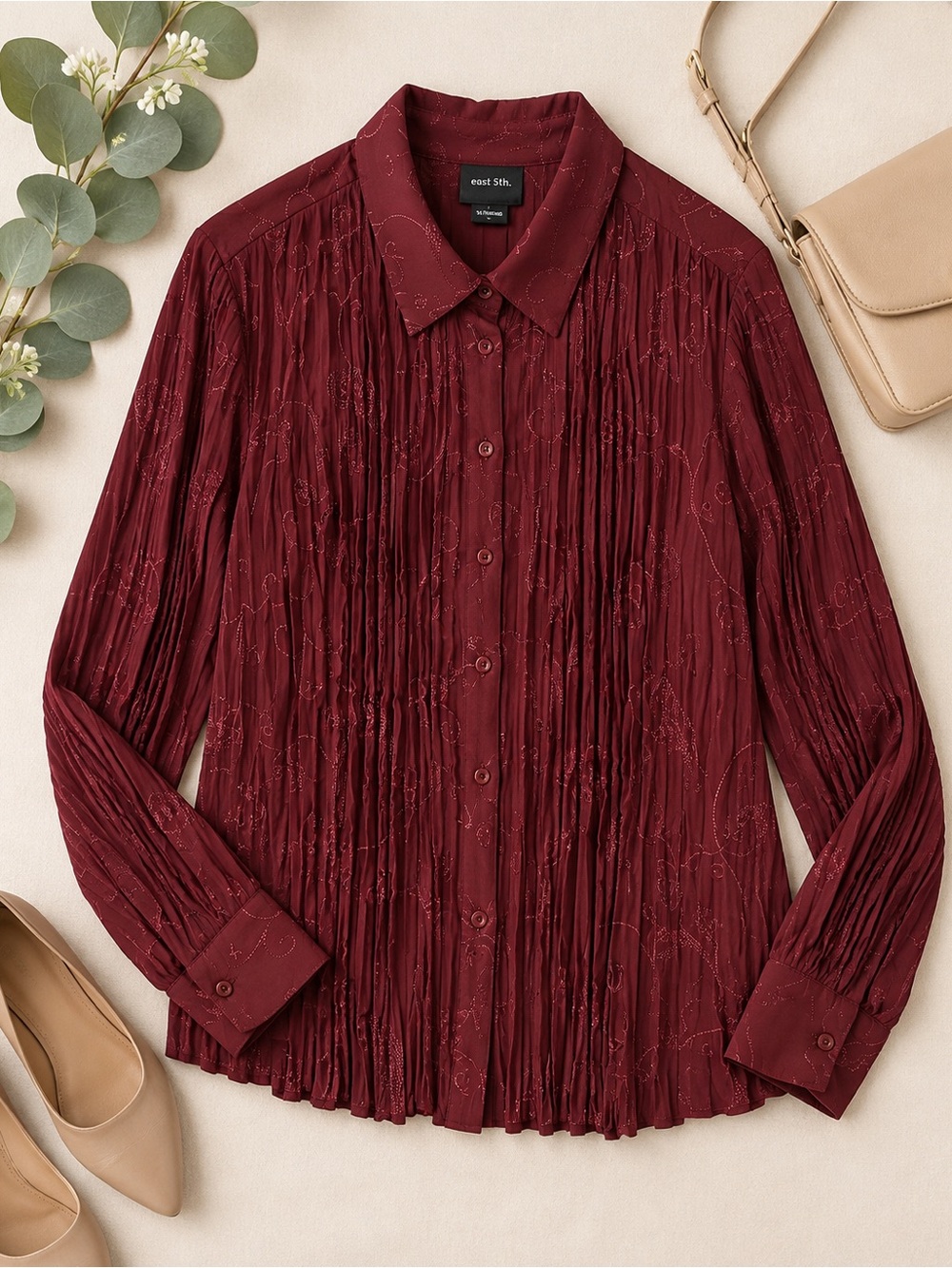 East 5th Burgundy Embroidered Pleated Button Down Blouse Plus Size 1X